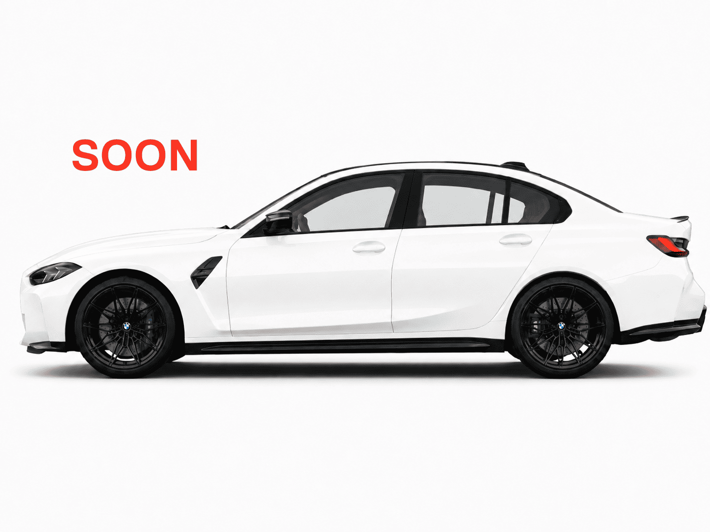 White BMW sports sedan side profile with black wheels, blue brake calipers, and sporty body kit on a white background, with bold red ‘SOON’ text displayed in the top left.