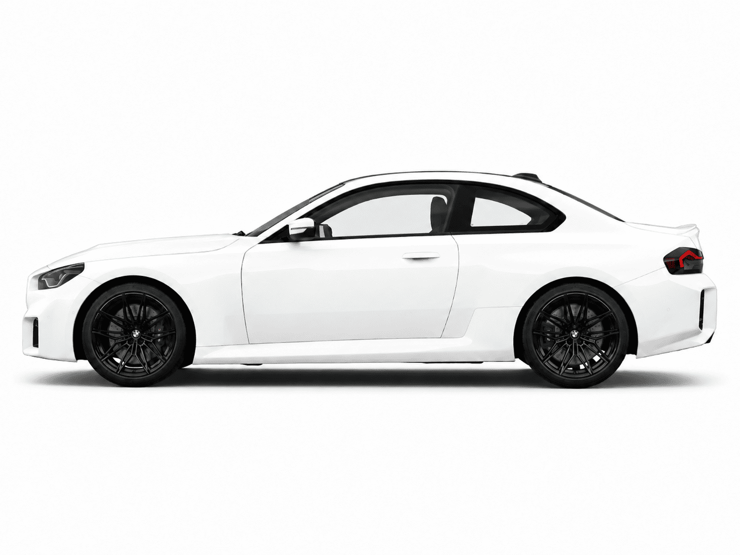 Side profile of a white BMW coupe sports car with black alloy wheels, blue brake calipers, and aerodynamic styling isolated on a clean white background.