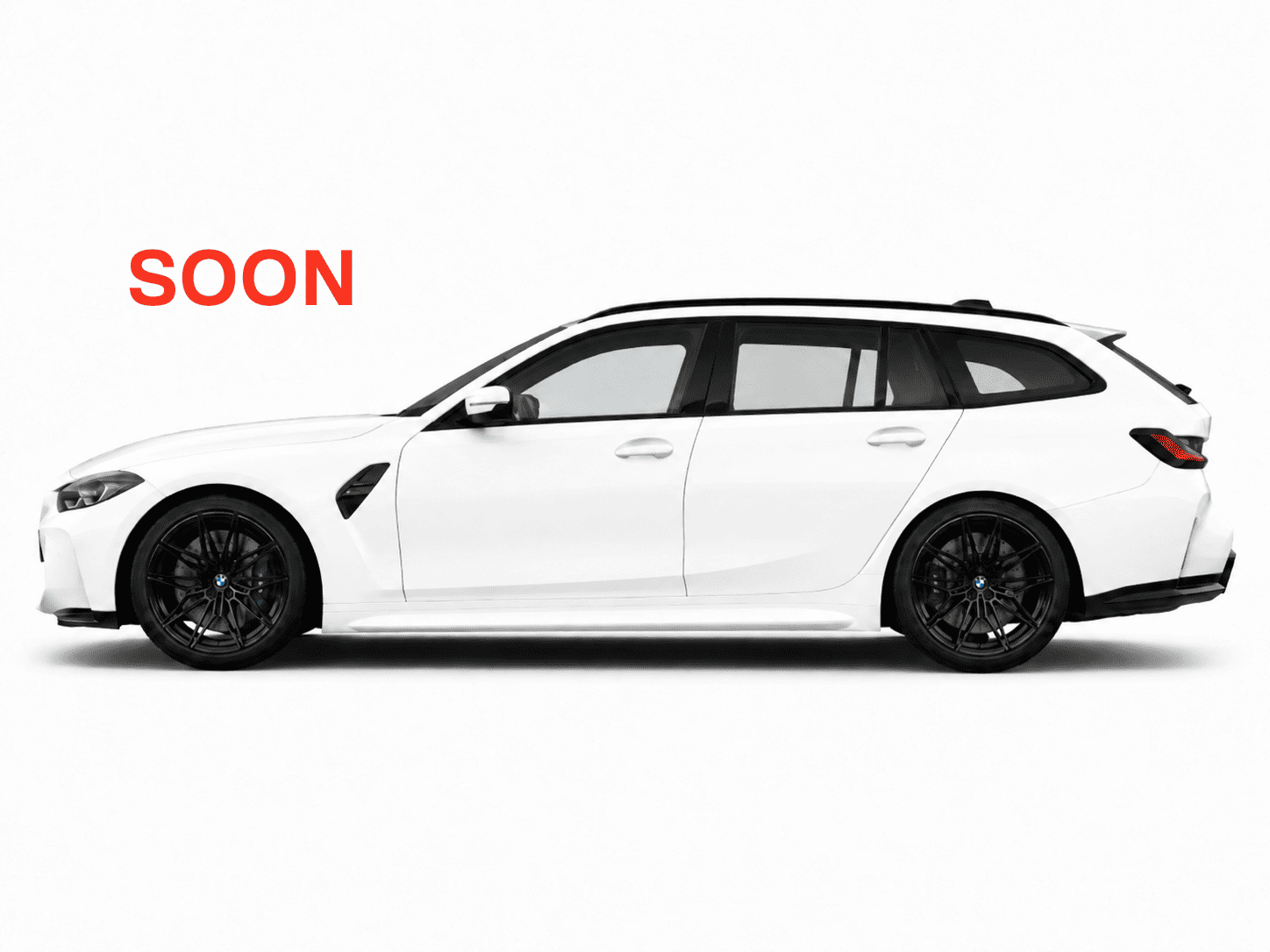 White BMW performance wagon estate car in side view with black rims and blue brake calipers on a white studio background, featuring red text reading ‘SOON’ in the upper left corner.